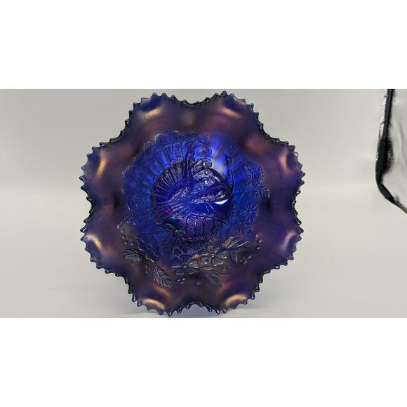 Vintage Northwood Peacocks on Fence Electric Blue Bowl Ruffle Sawtooth - Picture 8 of 16